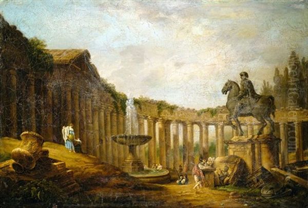 Capriccio Mit Romischen Kolonnaden, Reiterstandbild, Brunnen Und Staffagefiguren Oil Painting by Hubert Robert