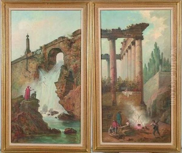 Personnages Dans Des Ruines Antiques (pair) Oil Painting by Hubert Robert