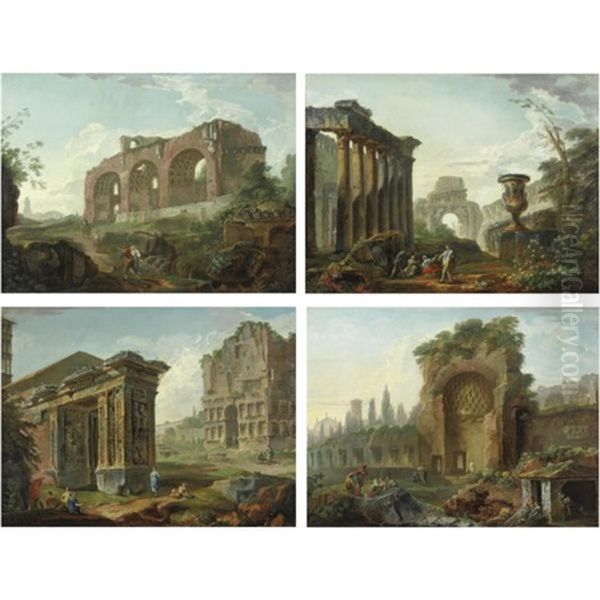 Capriccio Architettonico Con La Basilica Di Costantino (+ 3 Others; 4 Works) Oil Painting by Hubert Robert