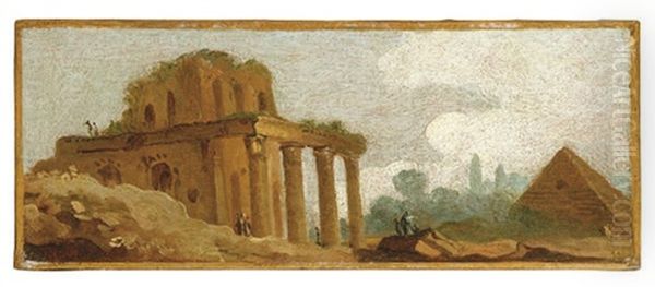 A Capriccio With Figures Amongst Roman Ruins (+ A Companion Painting; Pair) Oil Painting by Hubert Robert