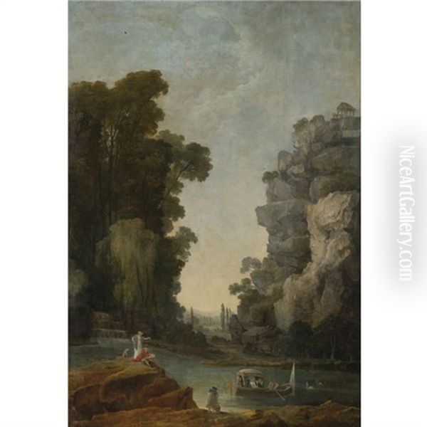 An Artist (hubert Robert?) And A Female Companion Observing A Boating Party In An Extensive Park Oil Painting by Hubert Robert