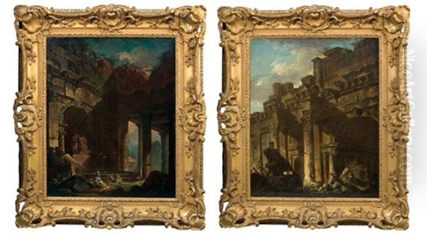 Ruines Romaines Animees (pair) Oil Painting by Hubert Robert