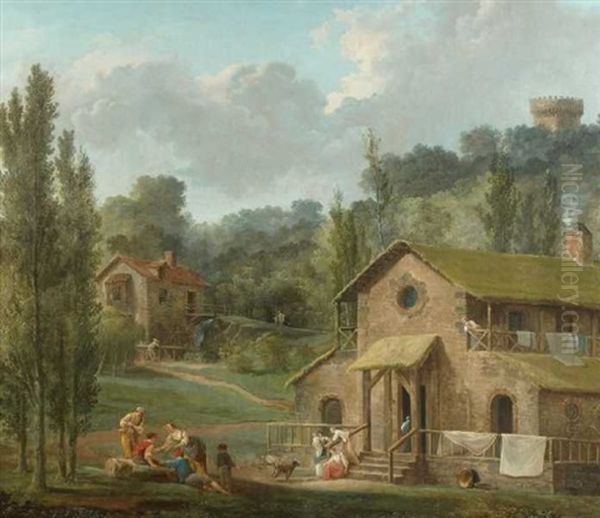 Vue D'un Parc Avec Un Lavoir Au Pied D'une Tour Oil Painting by Hubert Robert