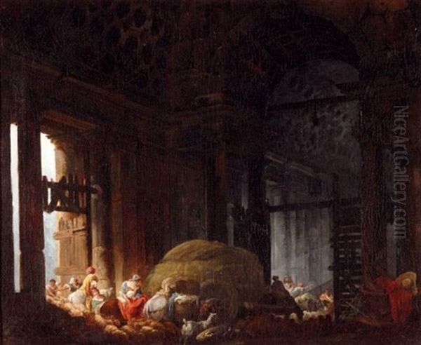 Vue D'une Grande Galerie Antique Animee De Paysans Et De Leur Troupeau Oil Painting by Hubert Robert