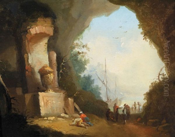 Eine Felsgrotte Mit Figuren Vor Einem Antiken Monument Und Blick Auf Das Offene Meer by Hubert Robert