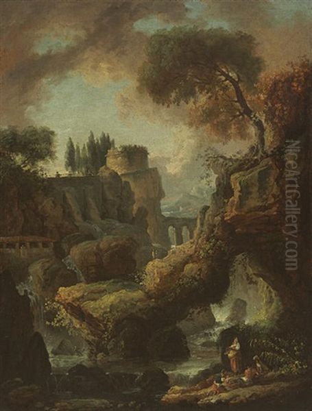 A View Of Tivoli With Travelers Resting By A Cascade Oil Painting by Hubert Robert