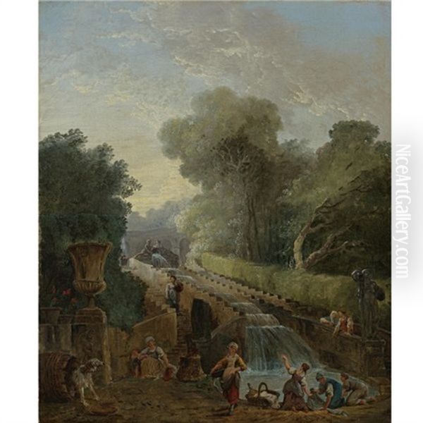 A View Of The Cascade At The Villa D'este, Rome, With Women Washing Clothes At Its Base (les Lavandieres) Oil Painting by Hubert Robert