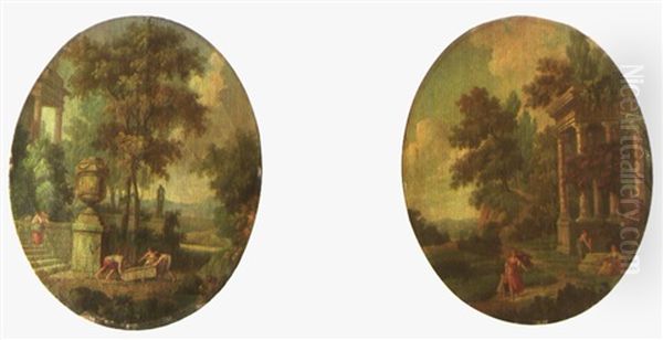 Ruines Antiques Animees De Personnages Dans De Paysages Boises (pair) Oil Painting by Hubert Robert