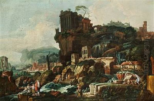 Landscape With Roman Ruins Oil Painting by Hubert Robert