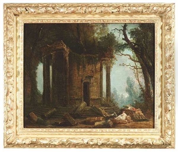 Figuren Bei Einem Ruinosen Rundtempel (der Vesta?) Oil Painting by Hubert Robert