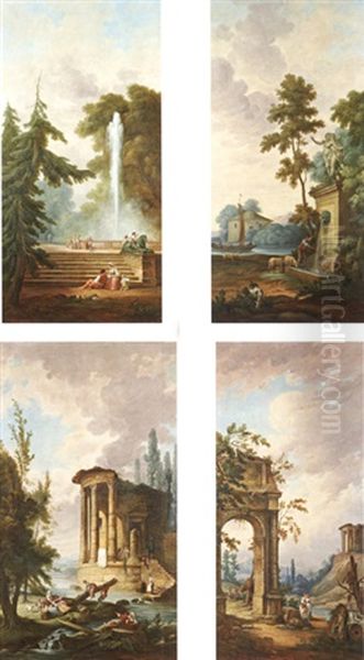 Jet D'eau Dans Un Parc (+ 3 Others; 4 Works) Oil Painting by Hubert Robert