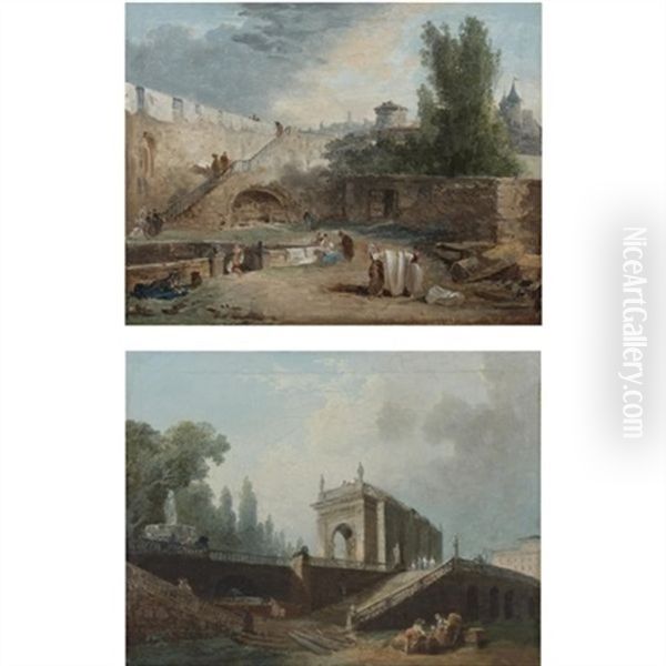 A Park With A Terrace And Washerwomen (+ A Park With A Terrace And A Fountain, And Figures Strolling And Playing Amongst Ruins; Pair) Oil Painting by Hubert Robert