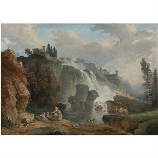 The Cascades At Tivoli With The Temple Of Vesta, Some Figures Resting In The Foreground Oil Painting by Hubert Robert