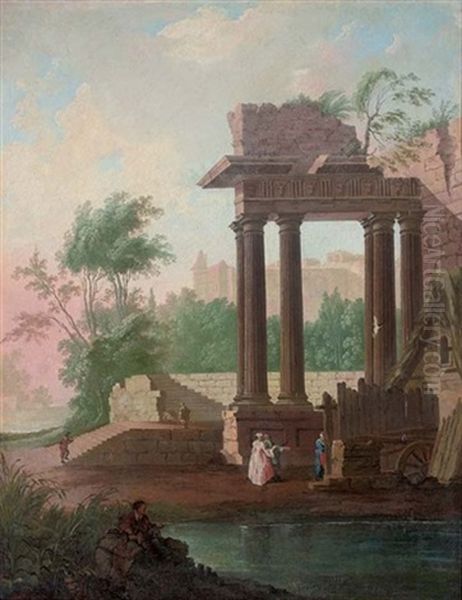 A Capriccio Of Classical Ruins With Elegant Company Conversing By A Mill And Anglers By A River Oil Painting by Hubert Robert