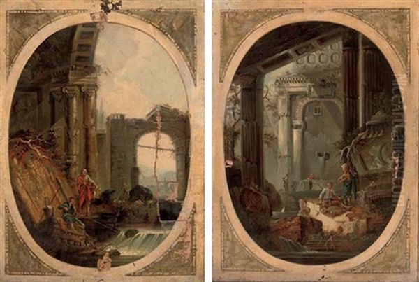 A Capriccio Of Anglers At A River By Classical Ruins (+ A Capriccio Of Washerwomen And Other Figures By A Fountain Amongst Classical Ruins; Pair) Oil Painting by Hubert Robert