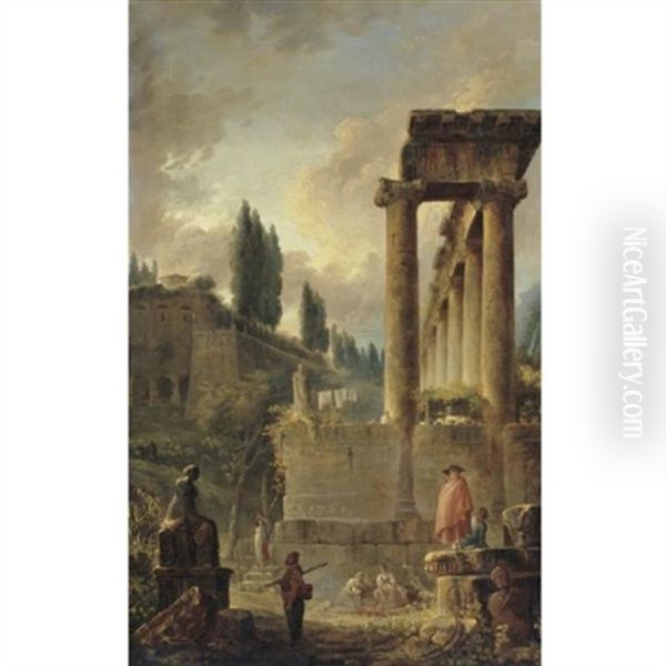 Figures Among Ruins, Including An Ancient Colonnade, With A Row Of Poplars In The Distance Oil Painting by Hubert Robert