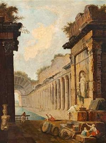 Kvinder Ved Klassiske Ruiner Oil Painting by Hubert Robert