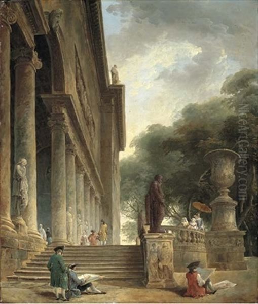 Colonnade Et Jardins Du Palais Medici: Gentlemen Sketching In An Italianate Garden (+ Restes Du Palais Du Pape Jules: An Architectural Capriccio With Haymakers; Pair) Oil Painting by Hubert Robert