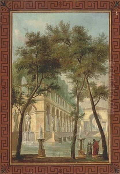 A Capriccio Of A Palace With Elegant Company On A Staircase By A Fountain (+ A Capriccio Of A Garden With Fountains And Elegant Company; Pair) Oil Painting by Hubert Robert