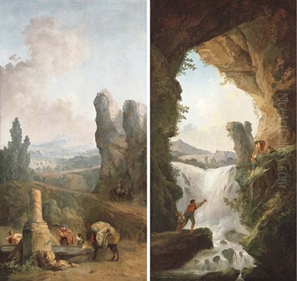 An Extensive Mountainous Landscape With Travellers By A Fountain (+ A Mountainous Landscape With Peasants Crossing A Waterfall; 2 Works) Oil Painting by Hubert Robert