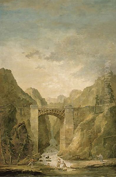 A Waterfall With Figures Crossing The River And Others On A Bridge Above Oil Painting by Hubert Robert