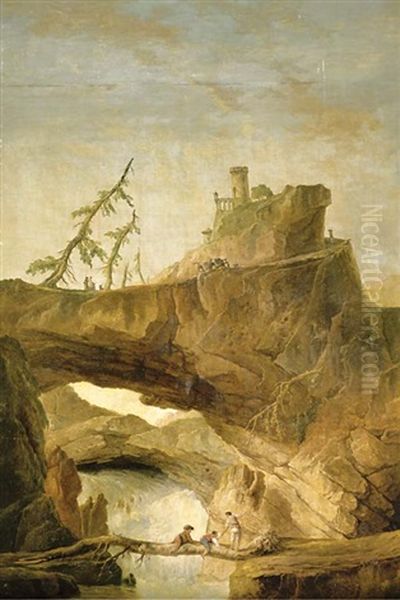 Figures Crossing A Ravine On A Fallen Tree Trunk With A Waterfall Rushing Behind, Figures On A Path To A Hilltop Castle Oil Painting by Hubert Robert