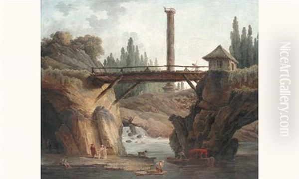 Vue Du Parc De Mereville: La Grande Cascade Derriere Le Pont Rustique Et Le Belvedere Domine Par La Colonne Trajane Oil Painting by Hubert Robert