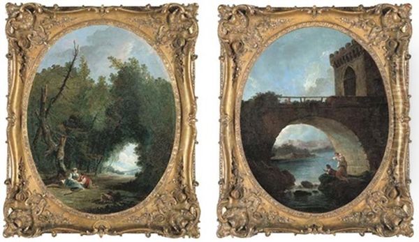 A Wooded Landscape With A Young Couple In A Clearing (+ A Fortified Bridge With A Peasant Fishing With His Wife And Child; Pair) Oil Painting by Hubert Robert