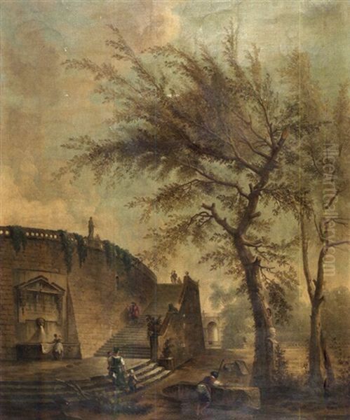 Lavandieres Et Promeneurs Dans Un Parc Aux Architectures Classiques Oil Painting by Hubert Robert