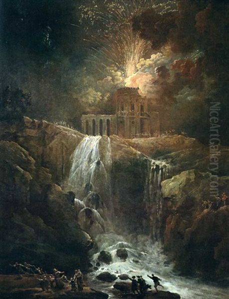 Paysage A La Cascade Avec Un Feu D'artifice Oil Painting by Hubert Robert