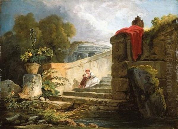 A Scene In The Grounds Of The Villa Farnese, Rome, With A Mother And Child Seated Upon An Antique Stair, A Classical Rotunda Beyond Oil Painting by Hubert Robert