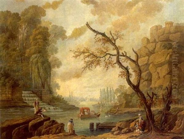 Paysage, Lac Anime De Barques, Sur Le Rivage Peintre Dessinant Oil Painting by Hubert Robert