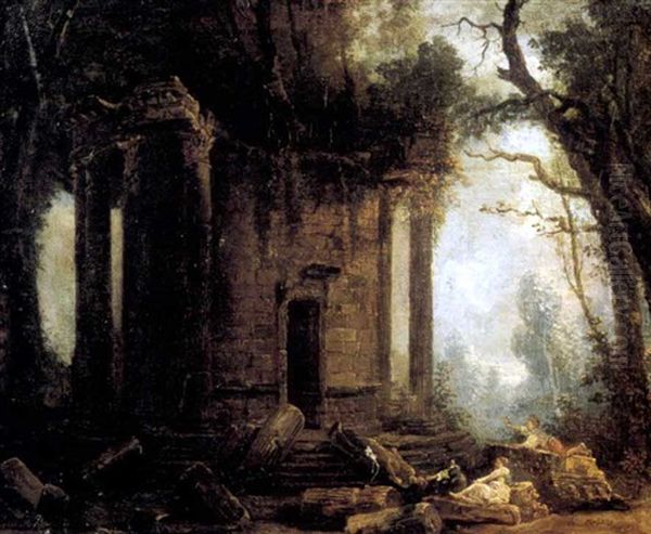 Personnages Aupres De Ruines D'un Temple De Vesta Oil Painting by Hubert Robert