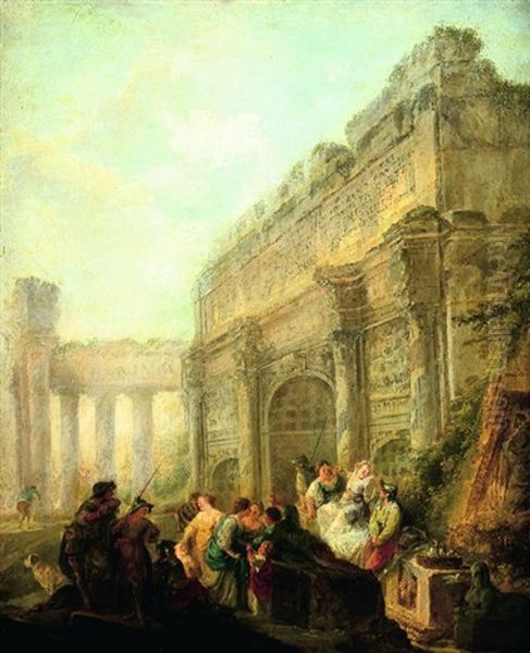 Une Reunion De Personnages Dans Un Decor De Ruines Antiques Oil Painting by Hubert Robert