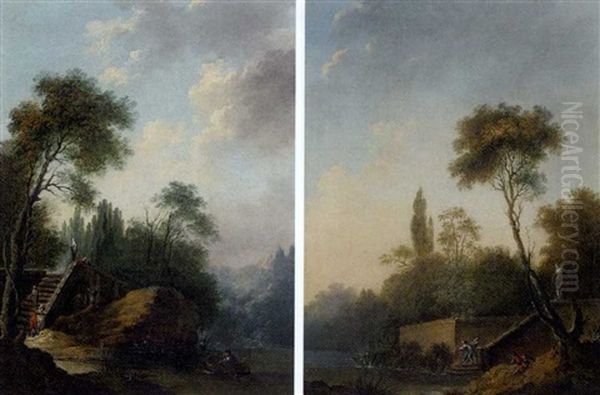 A Wooded Landscape With An Elegant Figure In A Rowing Boat And Others Standing On The Bank (+ A Wooded Landscape With Elegant Figures Reclining On The Banks Of A Pool; Pair) Oil Painting by Hubert Robert