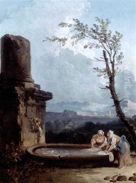 Landscape With Women Doing Their Laundry In A Fountain Oil Painting by Hubert Robert