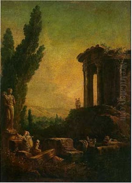 Paysage Classique Avec Le Temple De Vesta Et Des Ruines Romaines Oil Painting by Hubert Robert