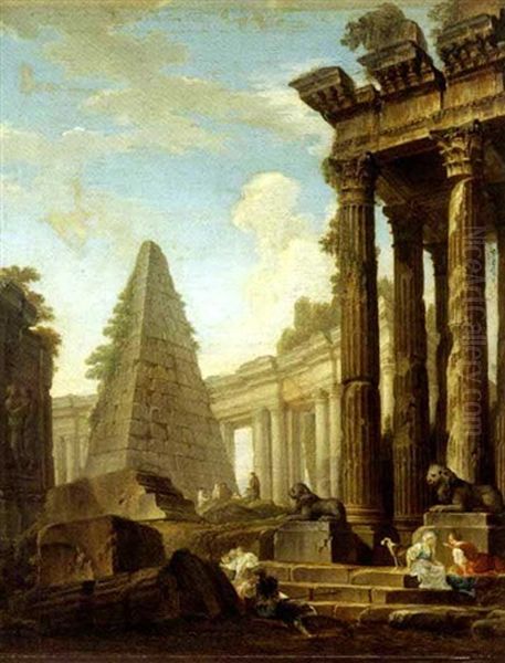 Caprice De Ruines Antiques Animees De Personnages Oil Painting by Hubert Robert