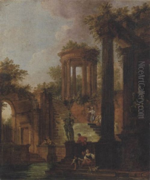 Architetture Classiche In Rovina Con Astanti E Tempietto Circolare In Lontananza Oil Painting by Hubert Robert