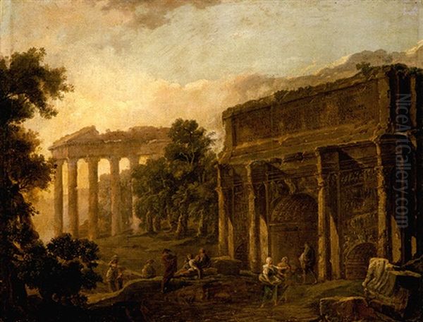 An Architectural Capriccio With Figues Among Roman Ruins Oil Painting by Hubert Robert