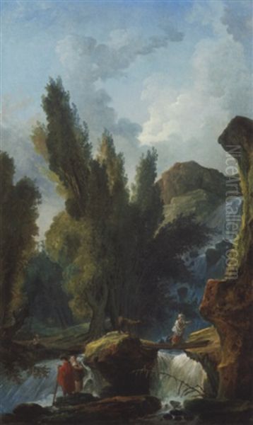 Personnages Pres D'une Cascade Dans Un Paysage Rocheux Oil Painting by Hubert Robert