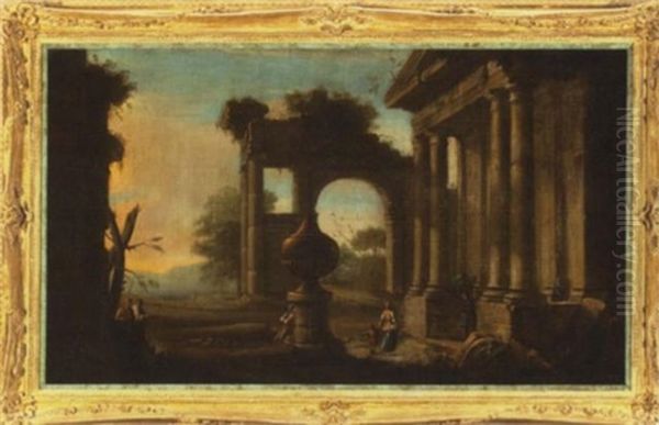 A Capriccio With Urn, Ruins And Figures Oil Painting by Hubert Robert