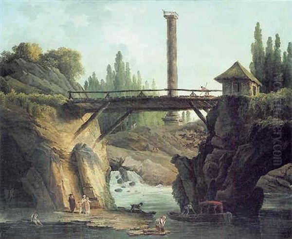 Vue De Parc De Mereville: La Grande Cascade Derriere Le Pont Rustique Et Le Belvedere Domine Par La Colonne Trajane Oil Painting by Hubert Robert