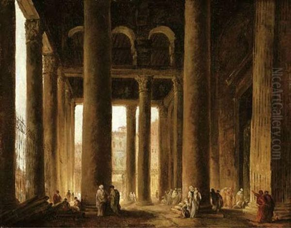 The Portico Of The Pantheon, Rome Oil Painting by Hubert Robert