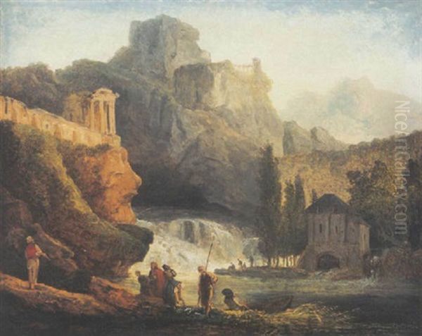 Pecheurs Et Lavandieres Au Pied Des Cascatelles De Tivoli Oil Painting by Hubert Robert