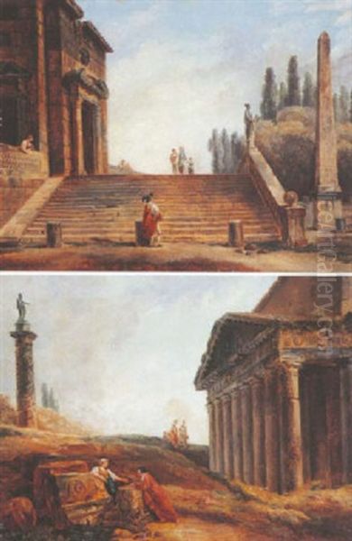 Gentilhomme Devant L'escalier D'un Monument Antique Oil Painting by Hubert Robert