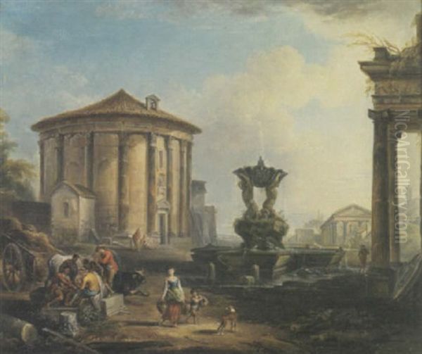 A Capriccio View Of The Temple Of Vesta With Figures Playing Cards In The Foreground Oil Painting by Hubert Robert