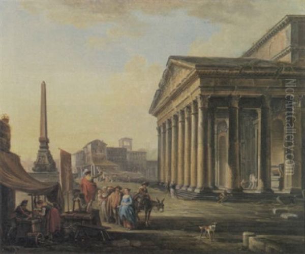 A Capriccio View Of The Pantheon With Figures Gathered Around A Medicine Man In The Foreground Oil Painting by Hubert Robert