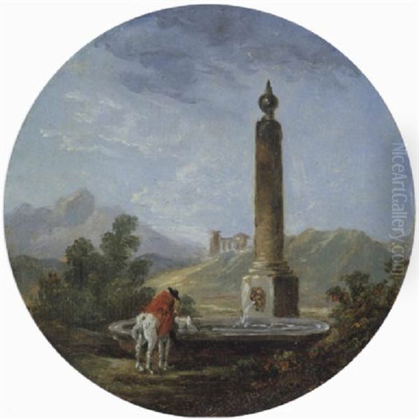 Italienische Landschaft Mit Einem Reiter An Einem Brunnen Oil Painting by Hubert Robert