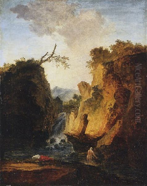 A Rocky Landscape With A Waterfall And A Woman Bathing Oil Painting by Hubert Robert